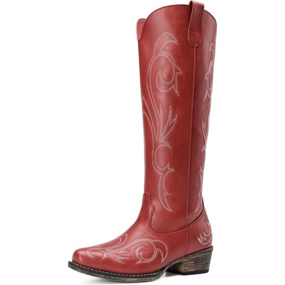 Women Faux Leather Red Knee High Chunky Heel Side Zipper Embroidered Boot